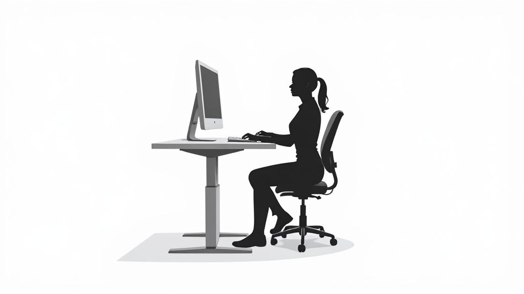 Eine Frau sitzt ergonomisch korrekt an einem Schreibtisch mit Computer und Tastatur.