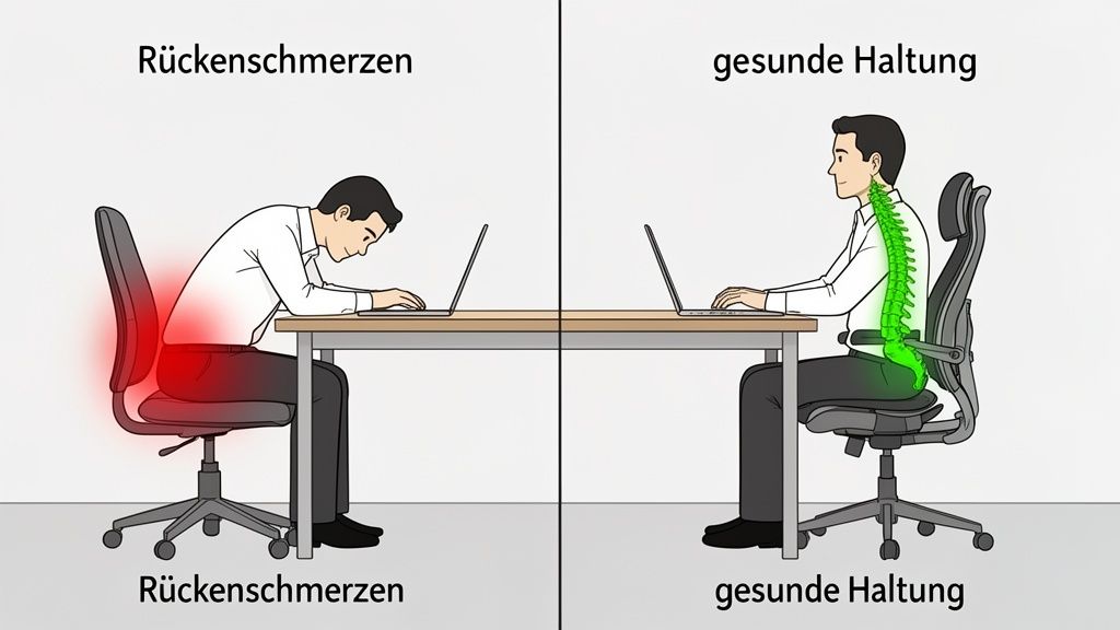 Illustration zeigt eine schlechte Sitzhaltung mit Rückenschmerzen und eine korrekte, ergonomische Haltung am Schreibtisch.