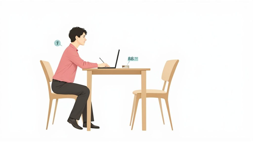 Eine Person stellt ihren ergonomischen Bürostuhl vor einem höhenverstellbaren Schreibtisch ein.