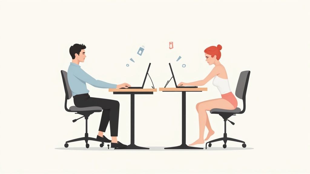 Een persoon werkt staand aan een elektrisch in hoogte verstelbaar bureau in een modern, licht kantoor.