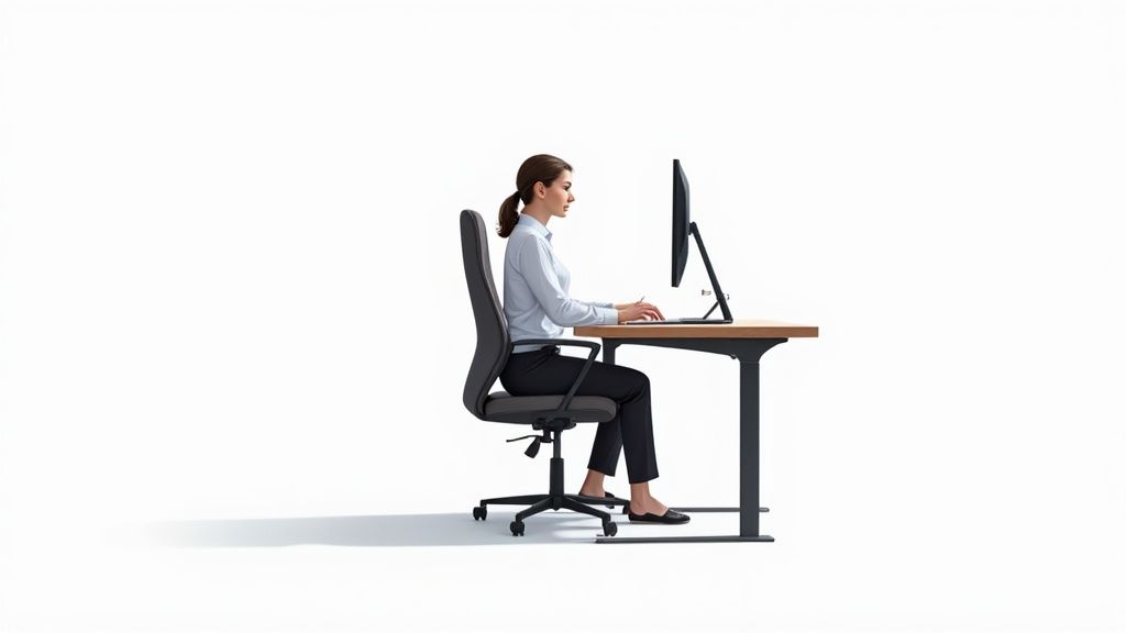 Ein komplett eingerichteter, ergonomischer Arbeitsplatz mit höhenverstellbarem Schreibtisch, Monitorarm und ergonomischem Stuhl