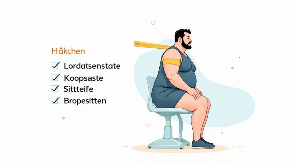 Mann sitzt auf Bürostuhl mit ergonomischer Haltung, zeigt Haken für Lordosenstütze, Armlehnen, Sitztiefe und Beinfreiheit