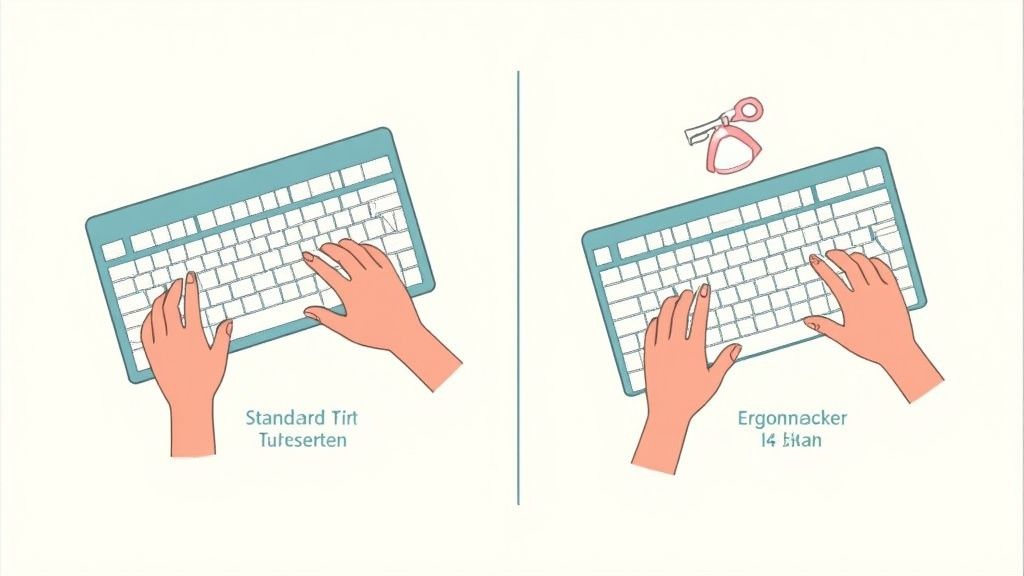 Vergleich zwischen Standard-Tastatur und ergonomischer Tastatur mit korrekter Handhaltung beim Tippen