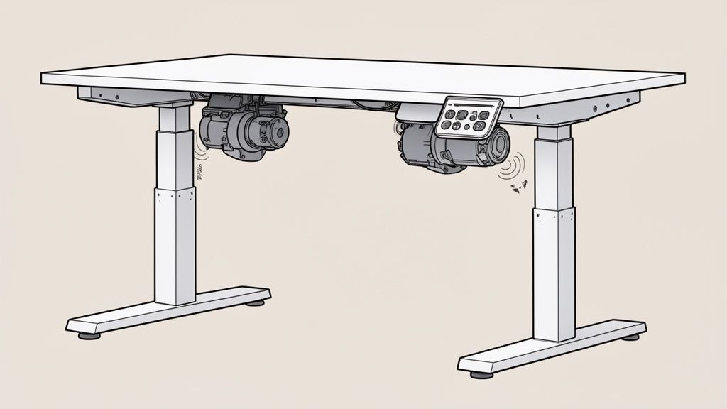 Een in hoogte verstelbaar zit-sta bureau met twee motoren en een bedieningspaneel onder het tafelblad, dat geluid maakt.