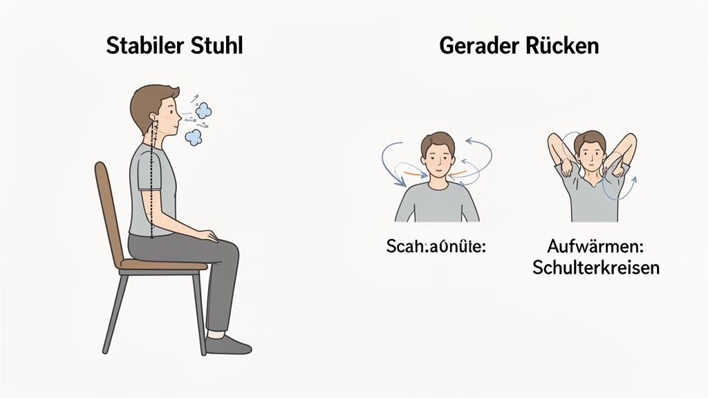 Anleitung für korrekte Sitzhaltung auf einem stabilen Stuhl und Aufwärmübungen für Nacken und Schultern.