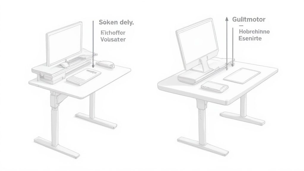 Zwei Skizzen von höhenverstellbaren Schreibtischen, einmal mit PC-Setup, einmal mit Monitor und Mobilgeräten.