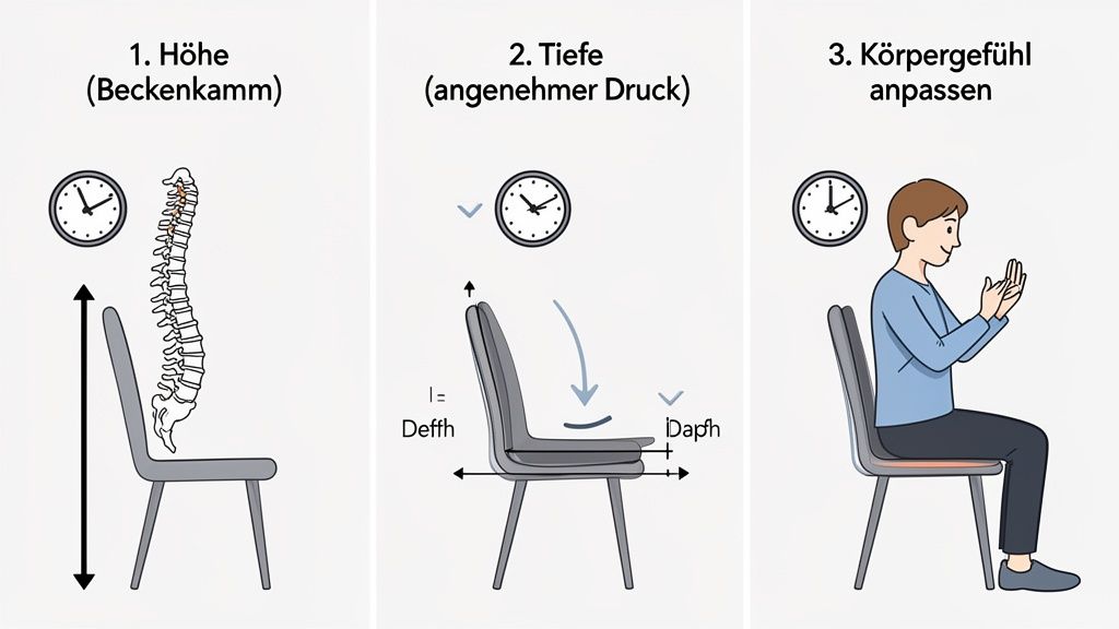 Drei Bilder zeigen die Schritte zur Einstellung eines Bürostuhls für ergonomisches Sitzen: Höhe, Tiefe und Anpassung des Körpergefühls.