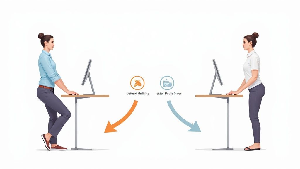 Zwei Frauen stehen an höhenverstellbaren Schreibtischen, demonstrieren verschiedene Stehpositionen für ergonomisches Arbeiten.