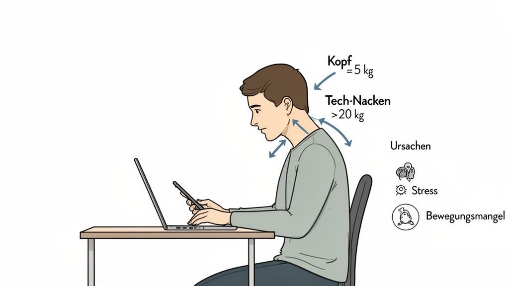 Illustration eines Mannes mit schlechter Haltung am Laptop, der Nackenverspannungen und Tech-Nacken zeigt, mit Ursachen wie Stress und Bewegungsmangel.