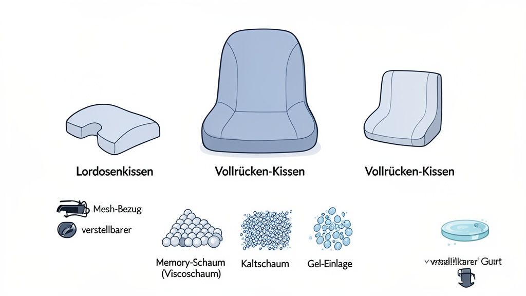 Abbildung von verschiedenen Rückenkissen (Lordosenkissen, Vollrücken-Kissen) und Materialien wie Memory-Schaum, Kaltschaum, Gel-Einlage.