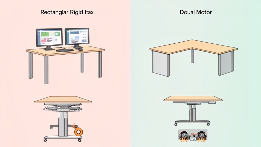 Vergleich von Tischen: rechteckig und L-förmig, mit festen und höhenverstellbaren Varianten, inklusive Einzel- und Doppelmotor-Mechanismen.