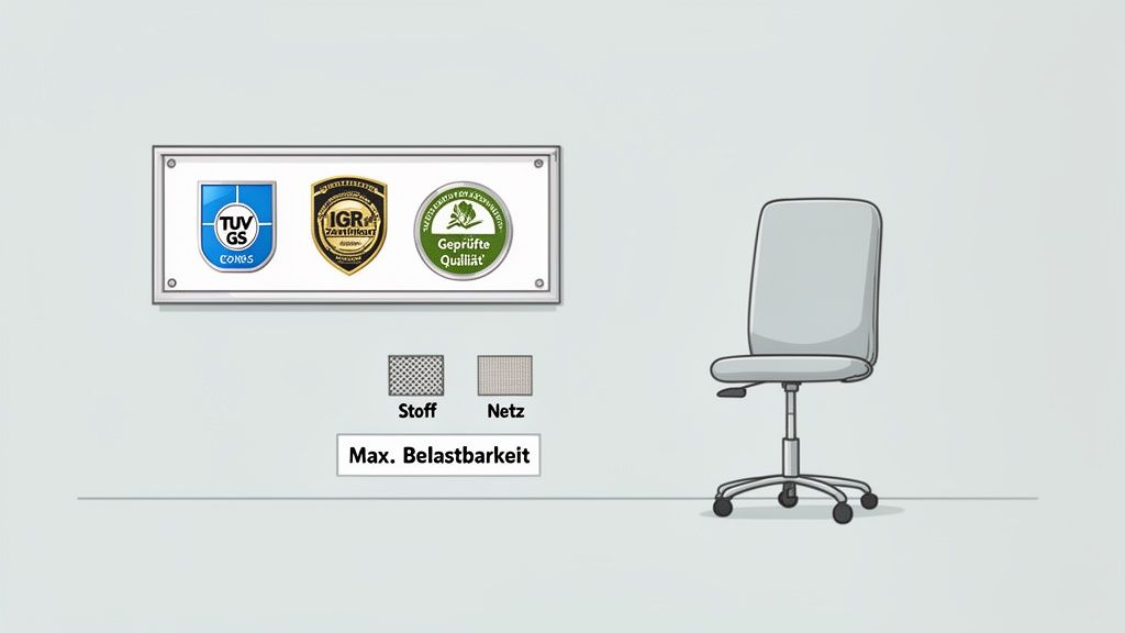 Bürostuhl mit TÜV GS, IGR und Qualitäts-Zertifikaten, zeigt Materialoptionen (Stoff, Netz) und maximale Belastbarkeit.