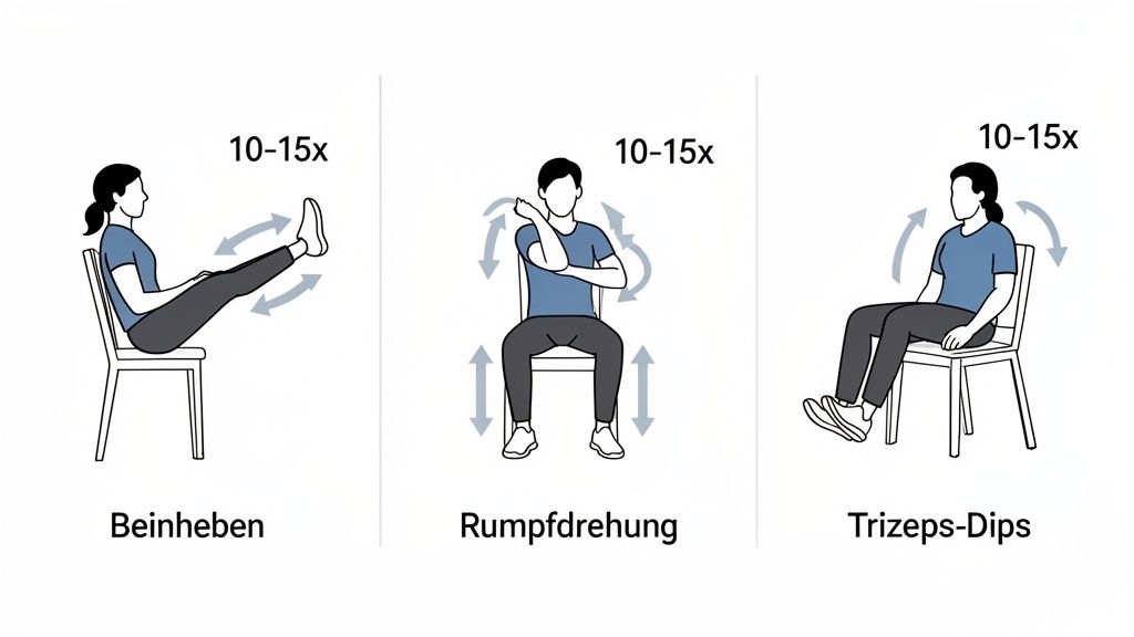 Drei Illustrationen von Stuhlübungen: Beinheben, Rumpfdrehung und Trizeps-Dips, jeweils mit 10-15 Wiederholungen.