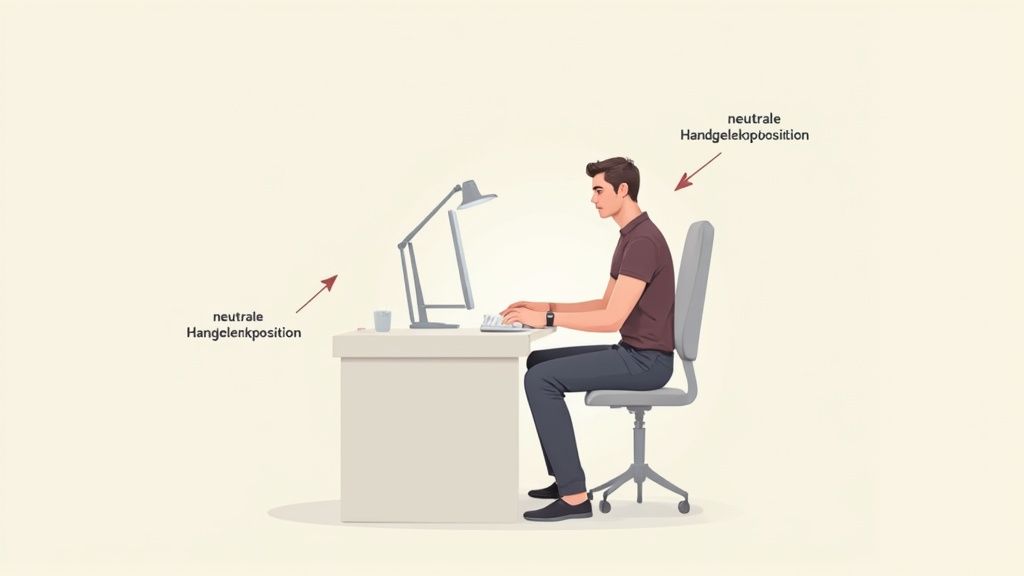 Ein Mann sitzt an einem Schreibtisch mit neutraler Handgelenks- und Kopfposition für ergonomisches Arbeiten am Computer.