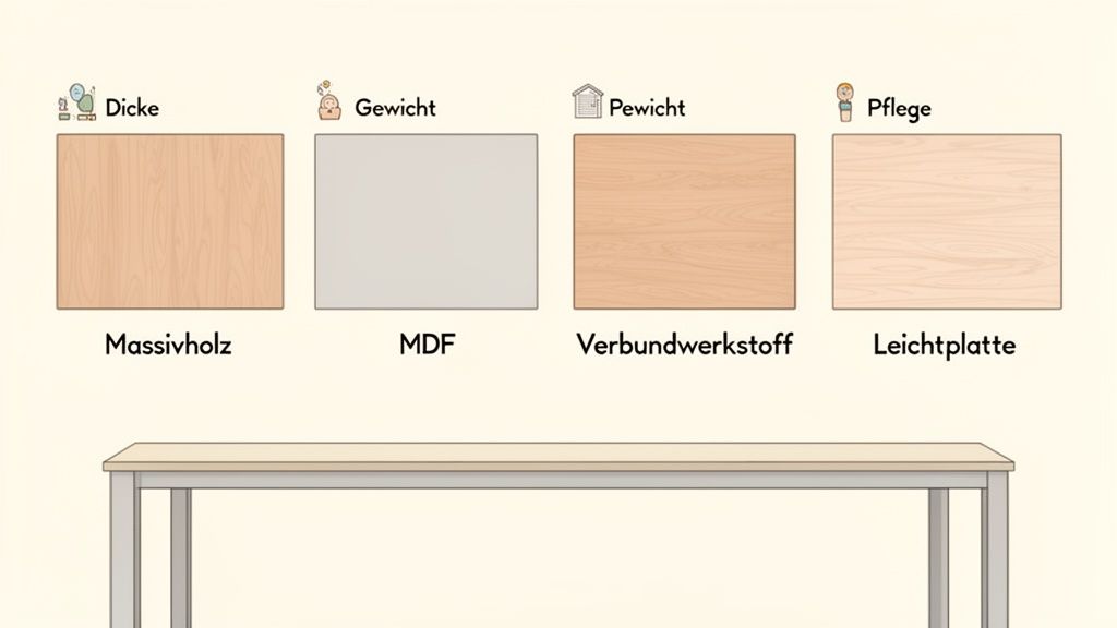 Übersicht von vier verschiedenen Tischplattenmaterialien (Massivholz, MDF, Verbundwerkstoff, Leichtplatte) mit ihren Eigenschaften wie Dicke, Gewicht und Pflege.