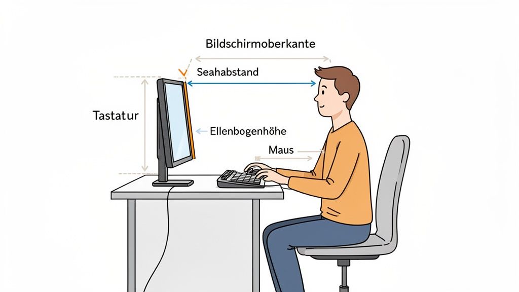 Illustration einer Person, die korrekt an einem Schreibtisch sitzt, mit Hinweisen zur ergonomischen Haltung und Bildschirmeinstellungen.