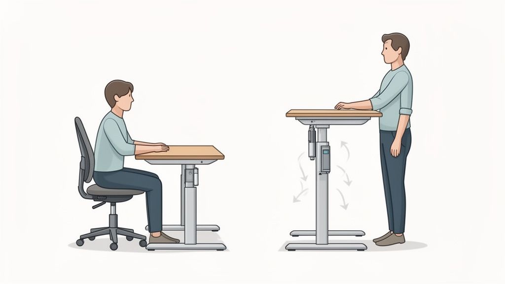 Eine Person demonstriert die Vielseitigkeit eines höhenverstellbaren Schreibtisches, sitzend und stehend dargestellt.