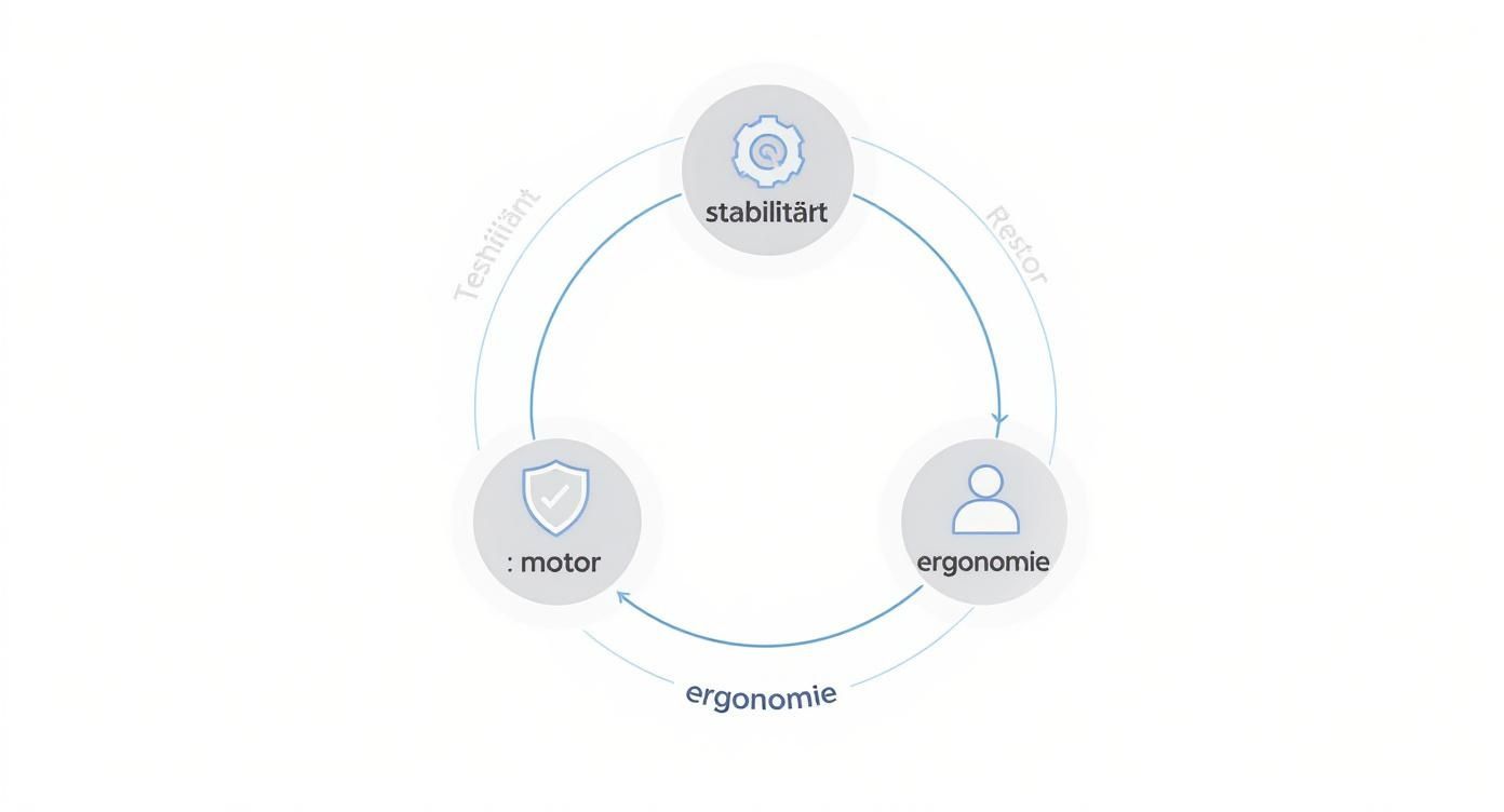 Eine Infografik, die die Gewichtung der Testkriterien Stabilität, Motor und Ergonomie in einem Ringdiagramm darstellt.