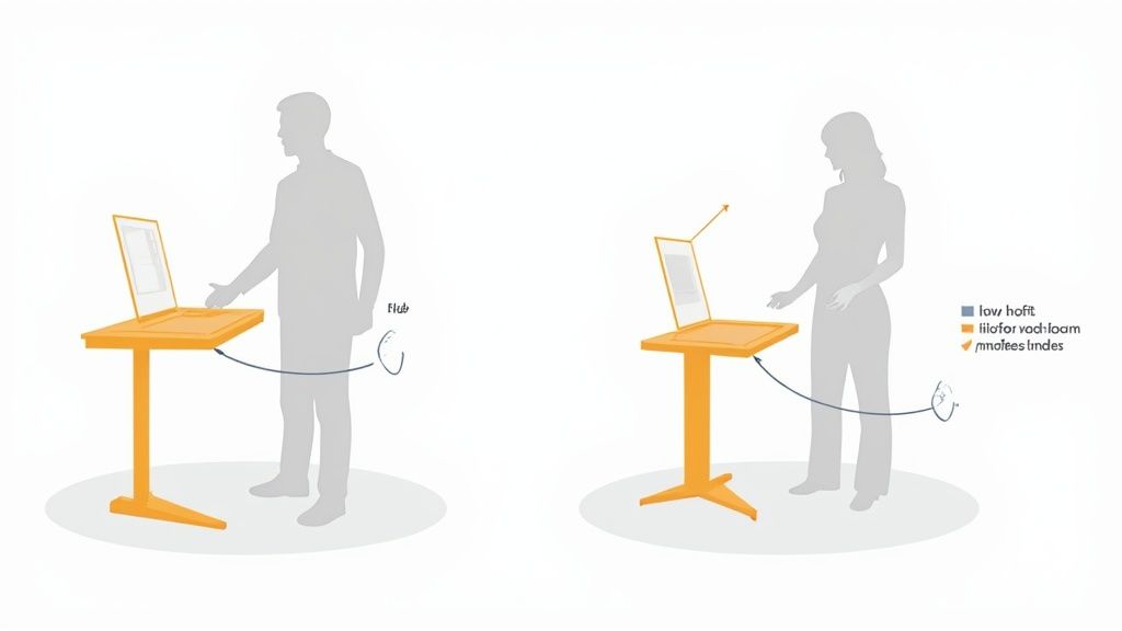 Zwei Silhouetten an höhenverstellbaren Stehpulten, die Ergonomie und die Anpassung an verschiedene Körpergrößen darstellen.