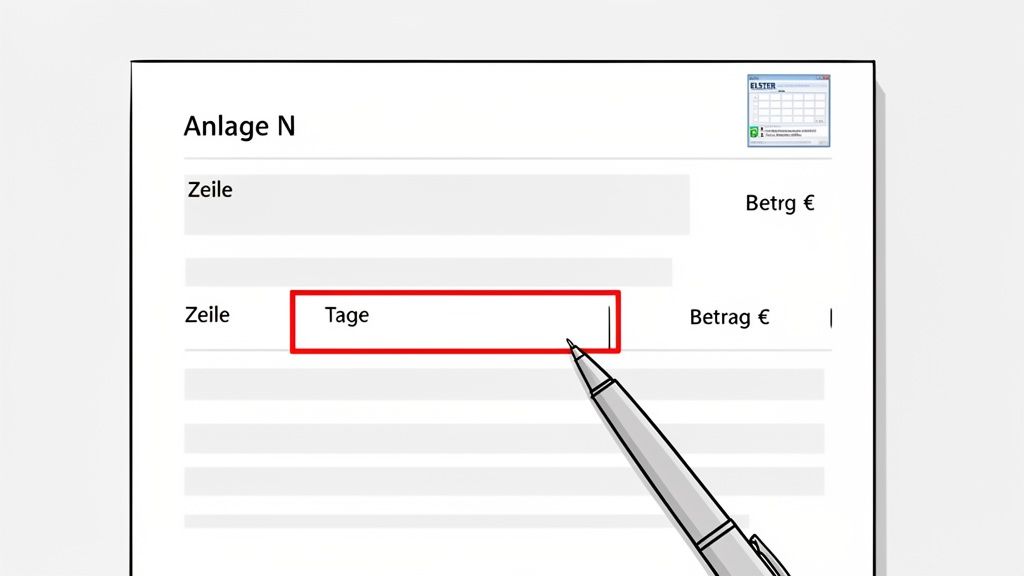 Formular Anlage N für die Steuererklärung, mit einem Stift, der auf das Feld 'Tage' zeigt.