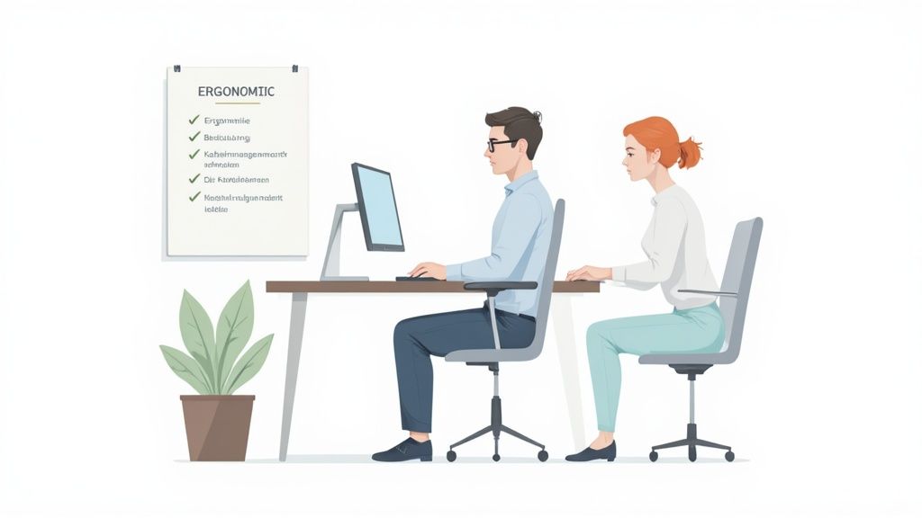 Zwei Personen an Schreibtischen, die ergonomische und nicht-ergonomische Sitzhaltungen demonstrieren, mit einer Checkliste für Ergonomie.