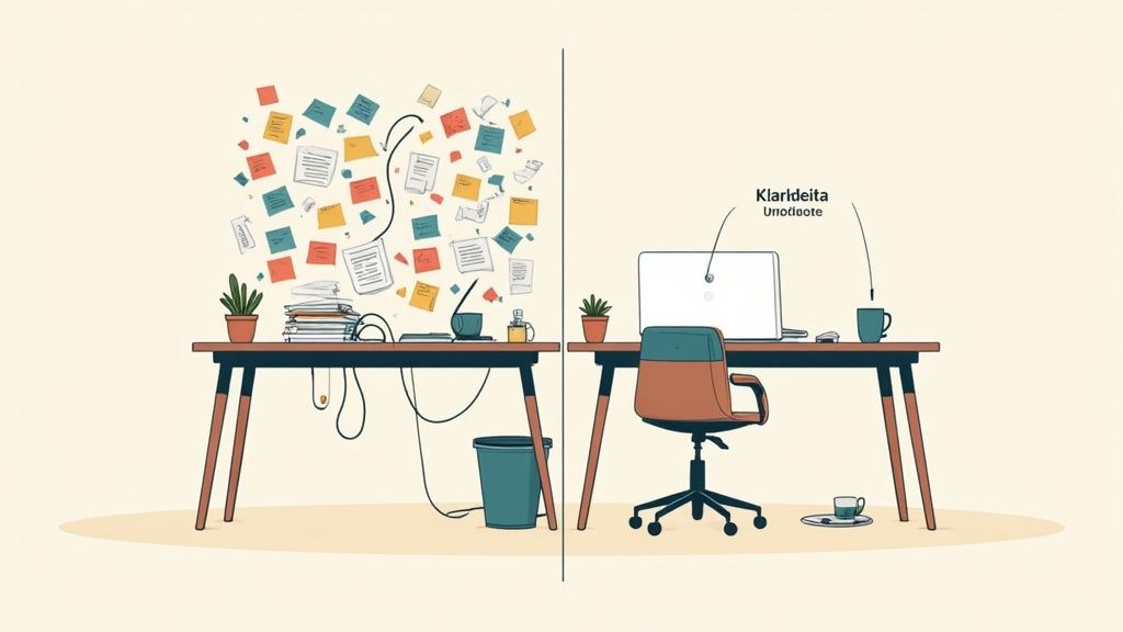 Vergleich zweier Schreibtische: links unordentlich mit Notizen und Kabeln, rechts aufgeräumt mit Laptop und Pflanze, symbolisiert Klarheit.