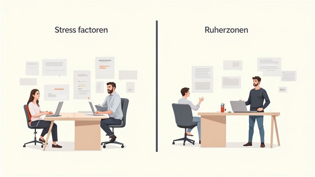 Zwei Büroszenarien: Links Stressfaktoren mit überlasteten Mitarbeitern, rechts Ruherzonen für entspanntes Arbeiten.