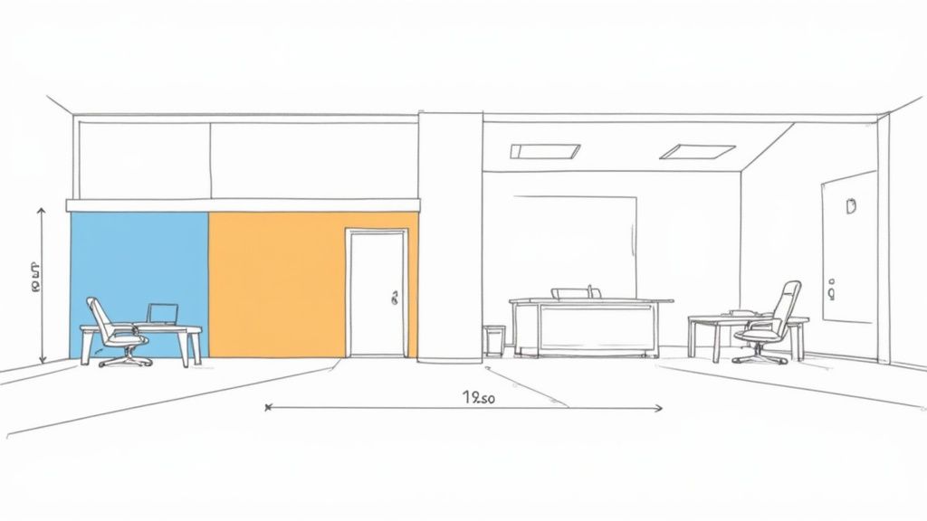 Skizze eines modernen Büros mit Arbeitsplätzen, farbigen Wänden und eingezeichneten Maßen, ideal für kleine Räume.