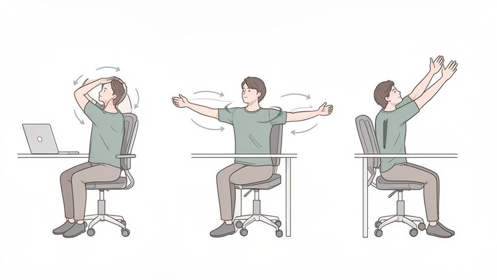 Eine Person führt drei verschiedene Bürogymnastik-Übungen im Sitzen am Schreibtisch durch.