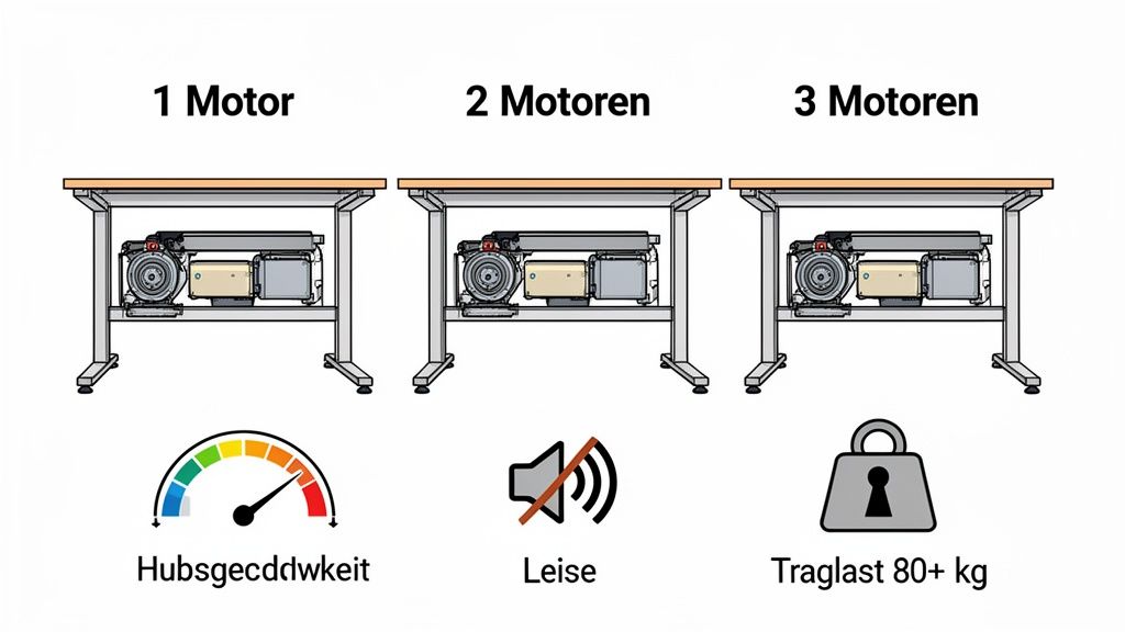 Drie elektrisch in hoogte verstelbare tafelonderstellen met 1, 2 of 3 motoren, vergelijken hef-snelheid, geluidsniveau en draagvermogen.