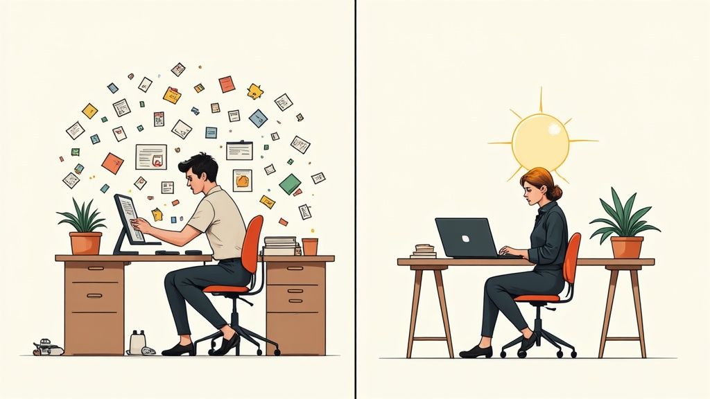 Zwei gegenübergestellte Bilder zeigen einen Mann am unordentlichen Schreibtisch und eine Frau am organisierten Arbeitsplatz.