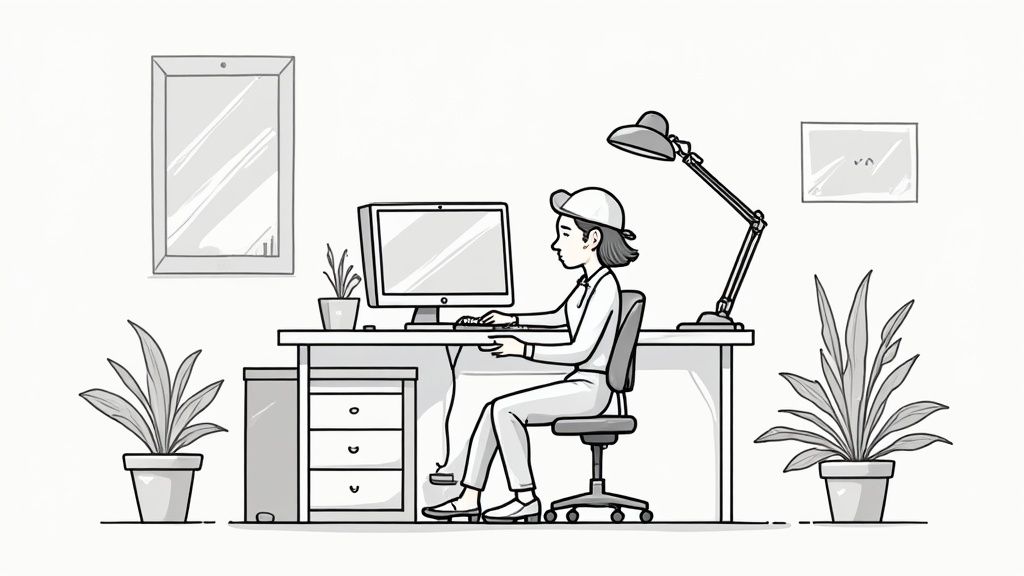 Eine gut organisierte Arbeitsfläche mit ergonomischem Zubehör wie Monitorarm, Tastatur und Maus.