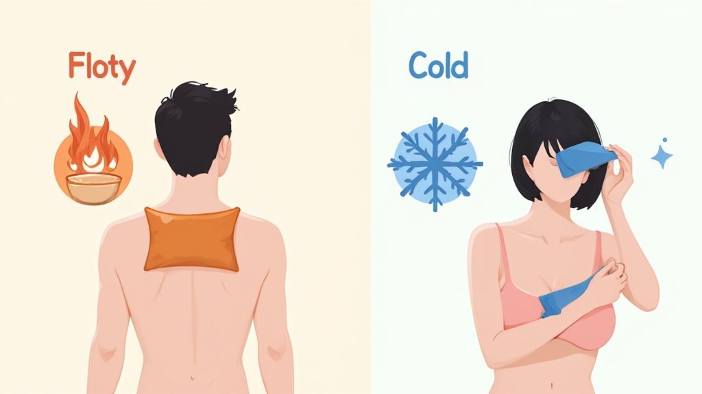 Ein Mann wendet eine heiße Kompresse auf dem Rücken an, während eine Frau kalte Kompressen auf Augen und Brust legt.