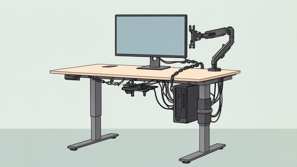 Een zit-sta bureau met beveiligd gekoppelde monitor, pc en netjes kabelbeheer ter diefstalpreventie.