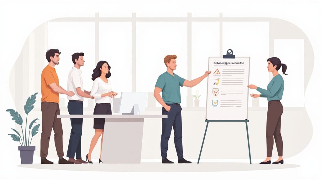 Kollegen besprechen im Büro eine Gefährdungsbeurteilung auf einem Whiteboard mit relevanten Symbolen.