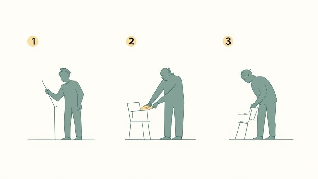 Drei Illustrationen zeigen verschiedene Körperhaltungen beim Arbeiten und die Auswirkungen auf die Wirbelsäule