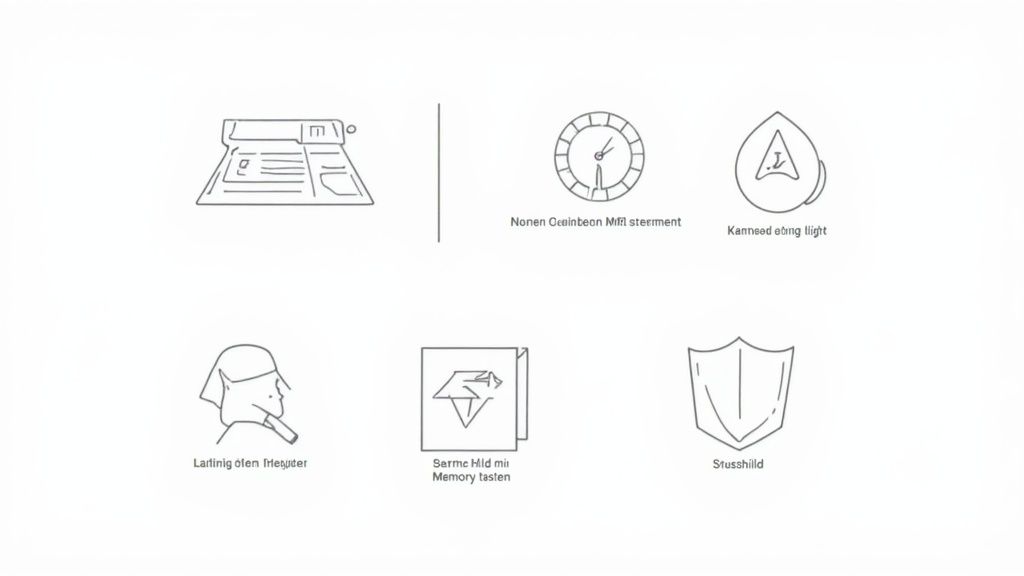 Sechs minimalistische Strichgrafik-Symbole, darunter eine Zeitung, eine Uhr, ein Schild und ein Kopf.