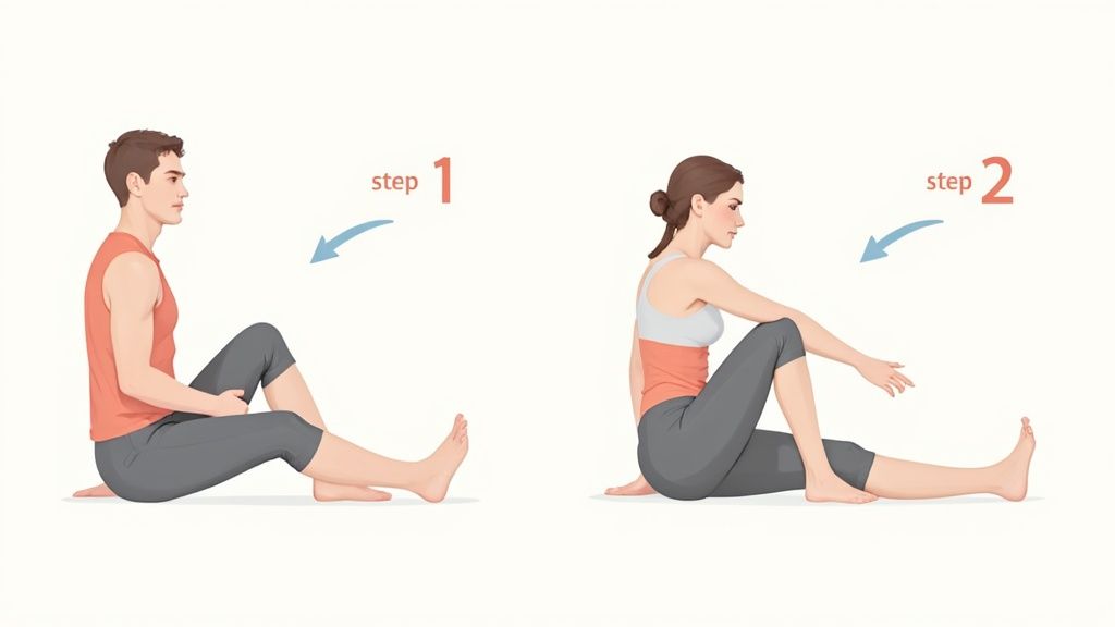 Anleitung für eine sitzende Rumpfrotation in zwei Schritten, ideal zur Rücken- und Gesäßdehnung.