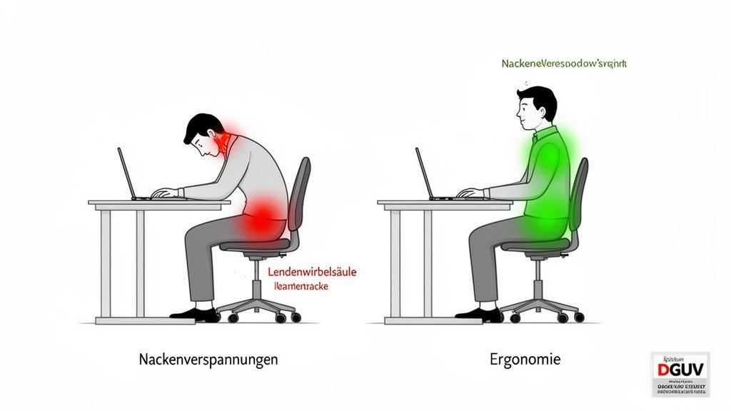 Ergonomischer Vergleich: Falsche Sitzhaltung verursacht Nacken- und Lendenwirbelsäulenprobleme, während korrekte Haltung Beschwerden verhindert.