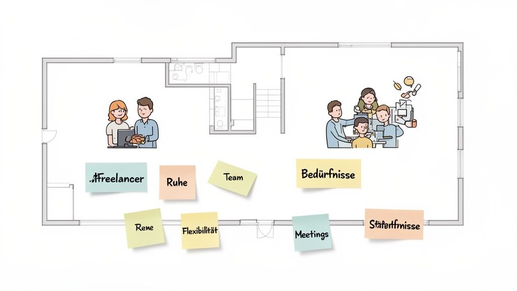 Grundriss eines Coworking Spaces mit Zonen für Freelancer und Teams, markiert mit Notizen zu Bedürfnissen und Störfaktoren.