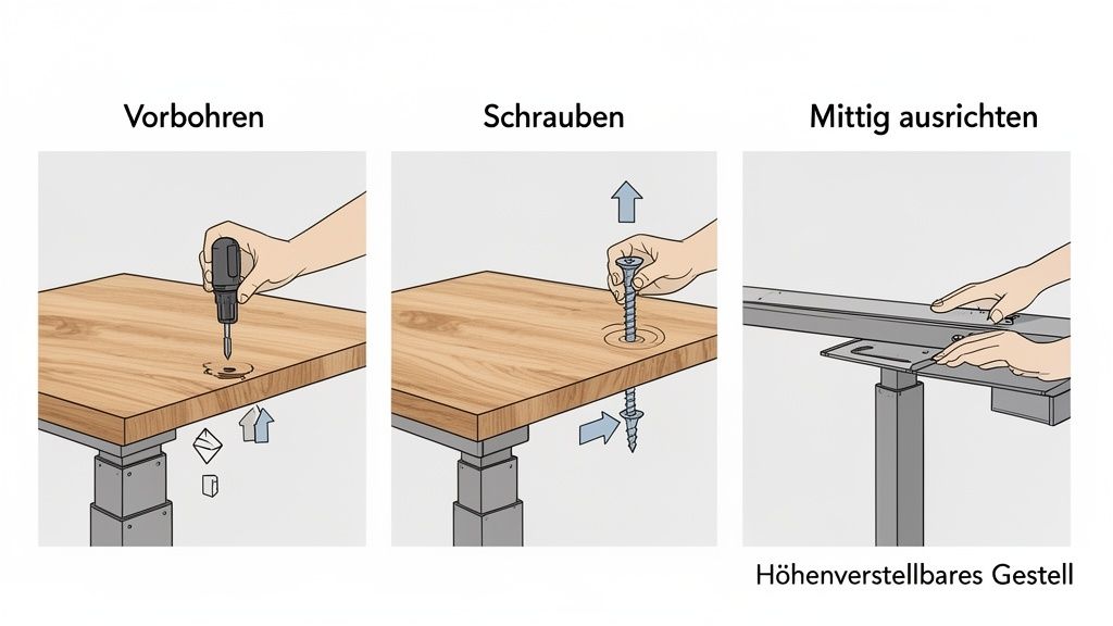 Anleitung zum Anbringen einer Massivholz-Schreibtischplatte an einem höhenverstellbaren Gestell: Vorbohren, Schrauben und mittig ausrichten.