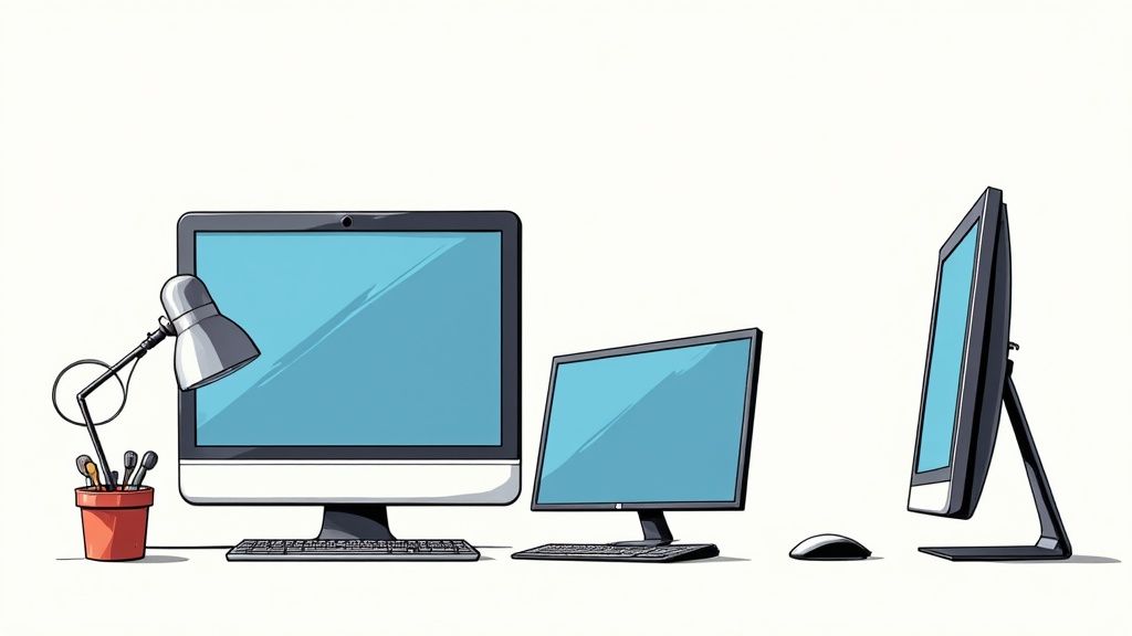 Verschillende computermonitoren, toetsenborden, een muis, een bureaulamp en een pennenhouder op een wit bureau.