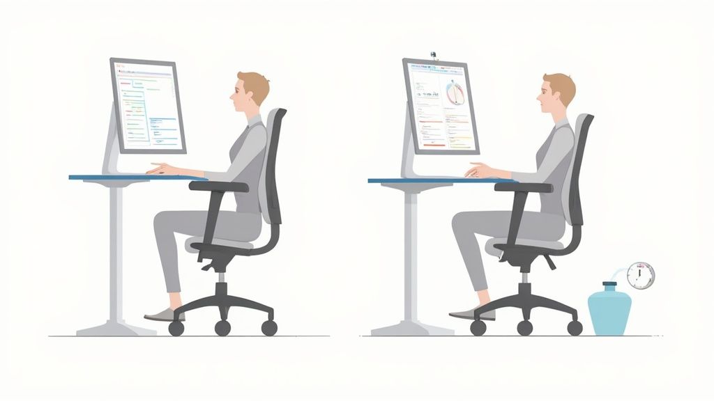 Eine Person stellt die Höhe ihres Schreibtisches im Stehen ein.