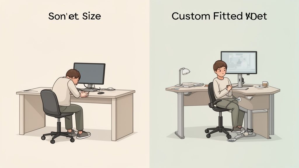 Vergelijking van twee kantoren: een persoon met een slechte houding aan een standaardbureau, een ander comfortabel aan een ergonomisch bureau.