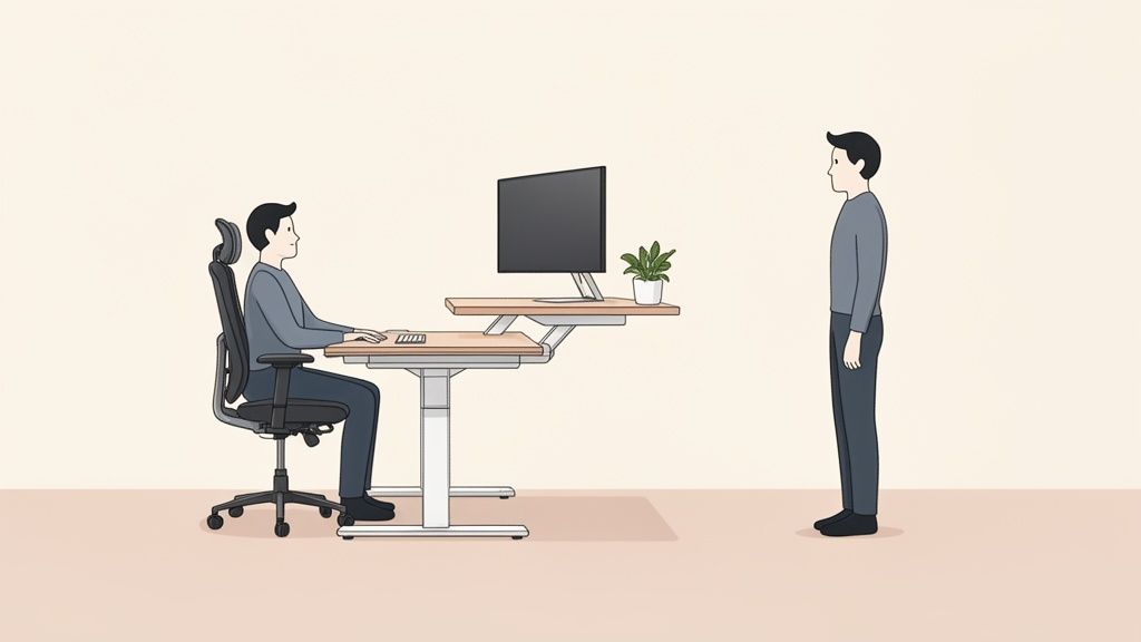 Zwei Männer, einer sitzend an einem ergonomischen Schreibtisch mit Monitor, der andere stehend daneben.