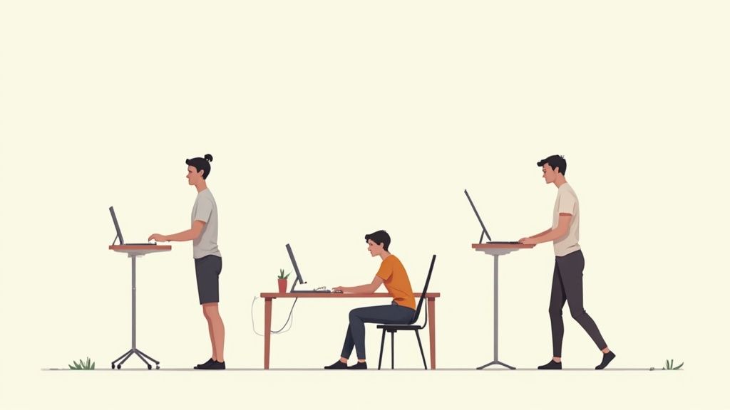 Drie personen demonstreren ergonomische werkhoudingen: staand bij de laptop en zittend aan de computerwerkplek.