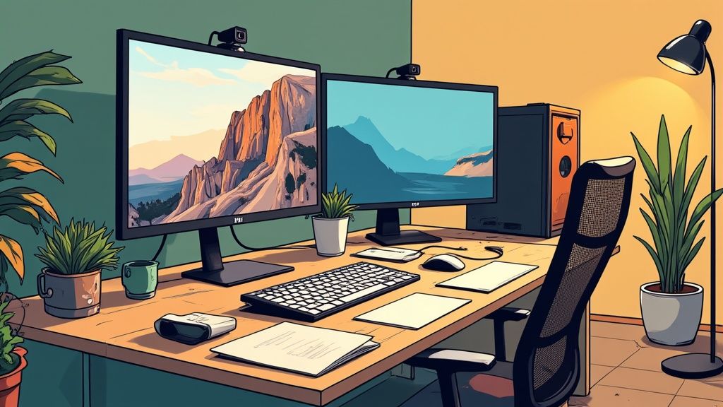 Ein aufgeräumter Homeoffice-Arbeplatz mit Monitor, Tastatur und einer stilvollen Schreibtischlampe, die den Arbeitsbereich beleuchtet.