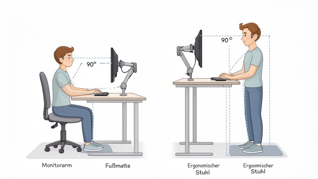 Illustration zur korrekten ergonomischen Haltung am Schreibtisch, sitzend und stehend, mit idealen 90-Grad-Winkeln.