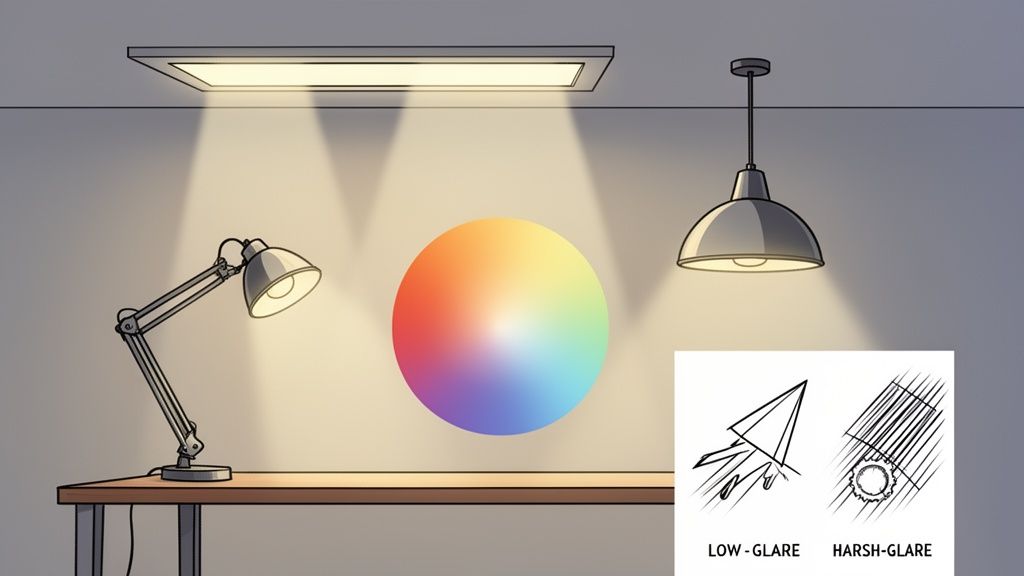 Verschiedene Beleuchtungsszenarien am Arbeitsplatz: Deckenleuchte, Schreibtischlampe und Pendelleuchte mit Farbrad und Blendeninformationen.