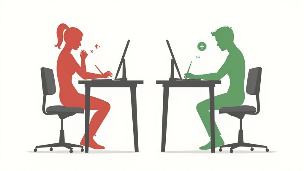 Vergelijking van de juiste en verkeerde zithouding aan het bureau, weergegeven door rode en groene silhouetten.